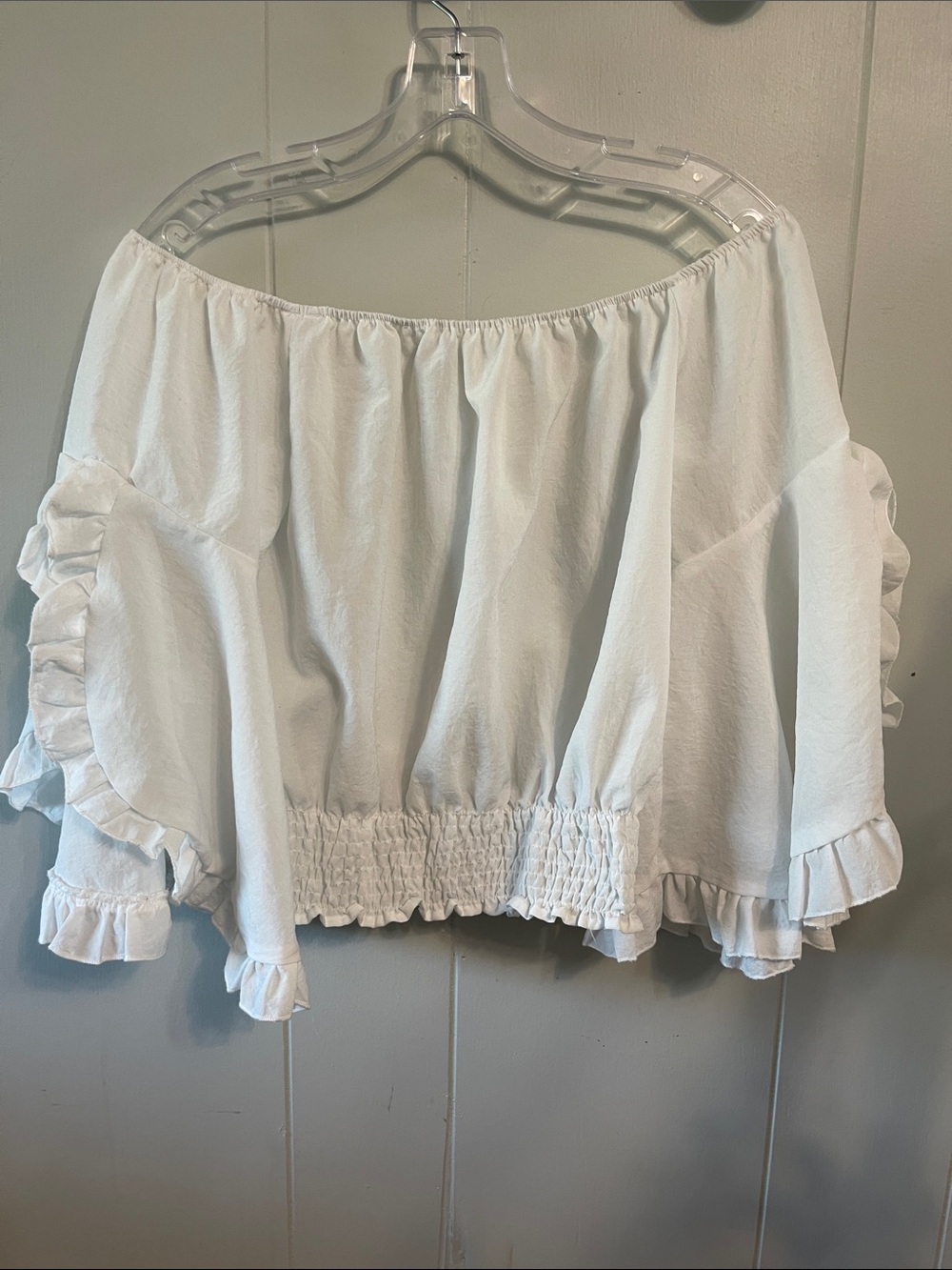 White Off Shoulder Ruffle Detail Top Blouse Shirt Bell Sleeve Gypsy Pirate - Picture 7 of 8